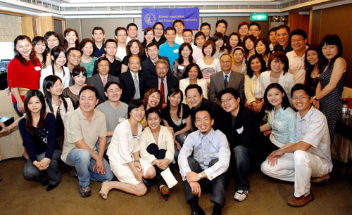 Photo of Taiwan Alumni Chapter members with President and Mrs. Robert Corrigan and other guests at a June reception in Taipei