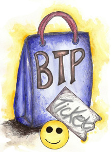 Graphic logo of the Beyond the Purchase website showing a shopping bag with a smiley face