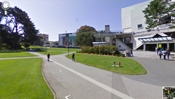 A photo of the SFSU Bookstore and quad as seen from Google Street View.