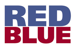 A graphic showing an example of a psychological test called the Stroop Task. The graphic shows the word "red" written in blue type and the word "blue" written in red type.