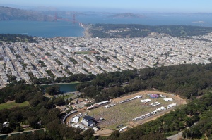 An aerial photo of concertgoers at the 2011 Outside Lands Music and Art Festival.