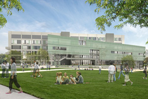 An artists' impression of what the J. Paul Leonard Library will look like once renovations are complete, showing the Library's glass-paneled exterior and the campus quad. 