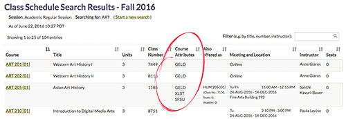 Screenshot of table displaying course attributes for ART 201, 2020 and 205 Fall 2016