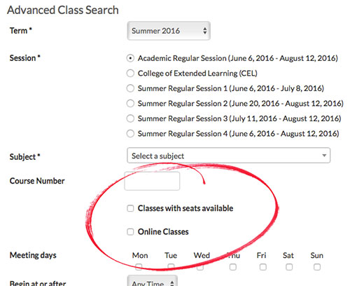Screenshot of form checkboxes Classes with seats available and Online Classes