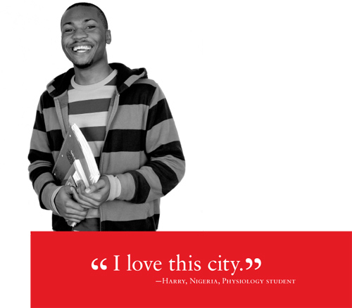 Image of international student Harry and his quote "I love this city"