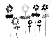 Image of a child's drawing of a row of flowers