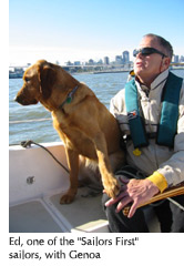 Photo of Ed, one of the "Sailors First" sailors, with his guide dog Genoa