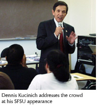 Photo of Dennis Kucinich talking to the crowd at SFSU