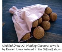 Photo of "Untitled Dress #2, Holding Cocoons" by Karrie Harvey -- made of cord, felt and coconut fiber  