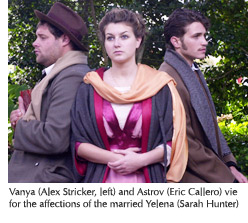 Photo of Alex Stricker as Vanya, Eric Callero as Astrov, and Sarah Hunter as Yelena