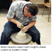 Photo of senior ceramics major Carth Coughlin throwing a  piece on a potter's wheel