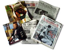 Photo of ethnic newspapers and magazines J., Sing Tao Daily, El Reportero, Black Issues in Higher Education, El Latino and AsianWeek