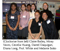 Photo of Claire Bailey, Miray Vavro, Cecelia Huang, Darrel Daquigan, Diana Long, Professor Lisa White and Melanie Sotto