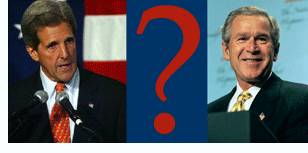 Photos of 2004 U.S. presidential candidates John Kerry and George W. Bush with a graphic of a question mark between them