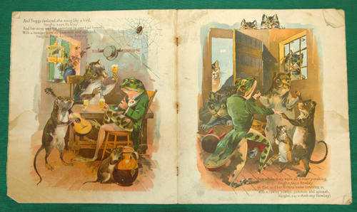 Photo of two pages from a book titled "A Frog He Would A Wooing Go" depicting 'Froggie' hanging out with a mouse, cats and other animals