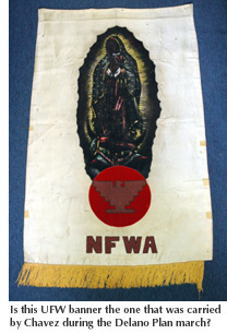 Photo of the United Farm Workers banner featuring an image of the Virgin of Gaudalupe