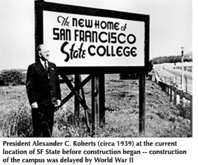 Photo (circa 1939) of SF State President Alexander C. Roberts standing at the current location of SF State before construction of the campus began