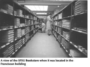 A black and white photo of the Bookstore from when it was located in the Franciscan building