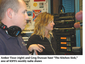 Photo of KSFS DJs Amber Tisue and Greg Duncan hosting their weekly show "The Kitchen Sink"