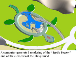 A computer-generated rendering of the "Turtle Tower," one of the playground elements