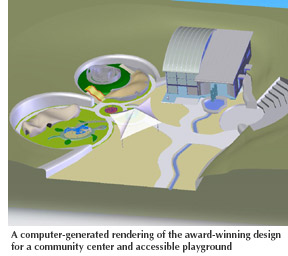 A computer-generated rendering of the award-winning design for a community center and accessible playground