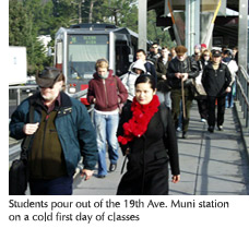 Photo of students coming out of the 19th Ave. Muni station on the first day of classes