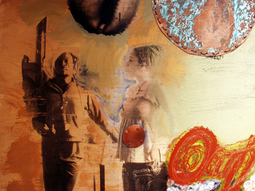 Photo of a detail of "Mbire 3" by Keba Konte features two sepia toned figures and copper discs stapled to the canvas  
