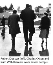 Photo of Robert Duncan, Charles Olson and Ruth Witt-Diamant walking across campus
