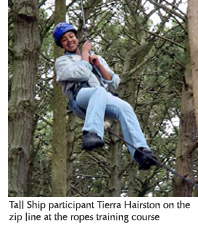 Photo of Tall Ship participant Tierra Hairston on a zip line at a ropes training course