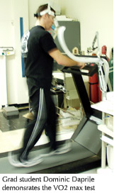 Photo of grad student Dominic Daprile on a treadmill demonstrating the VO2 max test