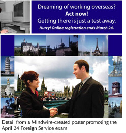 Detail from Mindwire's poster advertising the April 24 Foreign Service exam