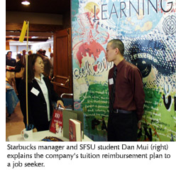 Photo of Starbucks manager and SFSU student Dan Mui explaining the company's tuition reimbursement plan to a job seeker