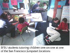 Photo of SFSU students tutoring children one-on-one at one of the San Francisco Jumpstart locations