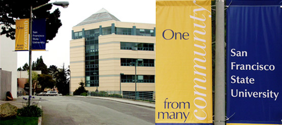 Photo of a campus banner on light pole near the Humanities building and a close-up of the yellow and purple banners which read "One community from many"