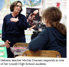 Photo of Hebrew teacher Michal Dramen responding to one of her Lowell High School students