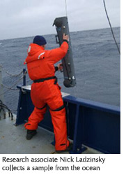 Photo of research associate Nick Ladzinsky collecting a sample from the Southern Ocean