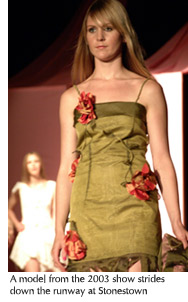 Photo of a model from the 2003 student fashion show walking down the runway