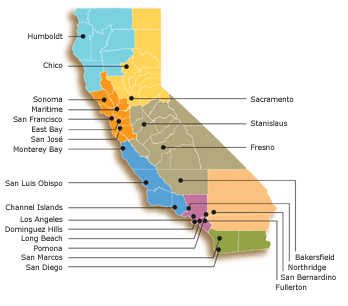 Image of the state of California showing the locations of the 23 campuses of the CSU system