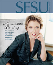 Image of the front cover of SFSU Magazine featuring a photo of actress Annette Bening