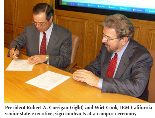 Photo of President Robert A. Corrigan and Wirt Cook, IBM California senior state executive, at a contract signing ceremony held on campus