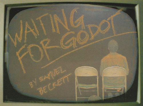 Image of part of the promotional postcard for "Waiting for Godot" showing a figure sitting in a folding chair next to an empty chair