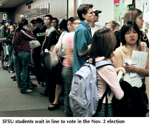 Photo of SFSU students waiting in line to vote in the Nov. 2 election