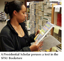 Photo of a Presidential Scholar perusing a text in the SFSU Bookstore