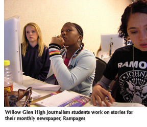Photo of three Willow Glen High School journalism students working on stories for their monthly newspaper, Rampages