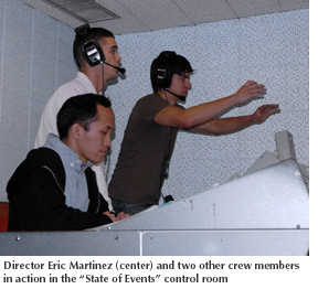 Photo of "State of the News" director Eric Martinez in the control room with two other crew members
