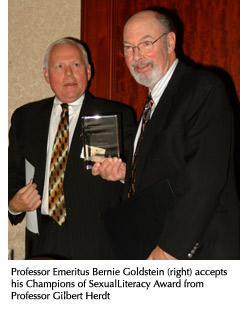 Photo of Professor Emeritus Bernie Goldstein accepting his Champions of Sexual Literacy Award from Professor Gilbert Herdt