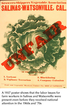 Photo of a 1937 poster by the Fruit and Vegetable Workers Union in Salinas and Watsonville alleging unfair labor practices