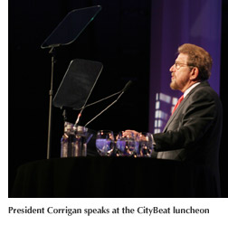 Photo of President Corrigan speaking at the CityBeat luncheon