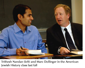 Photo of Trithesh Nandan (left) and Marc Dollinger in the American Jewish History class last fall