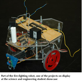 Photo of part of the  fire-fighting robot, one of the science and engineering projcects featured at the student showcase